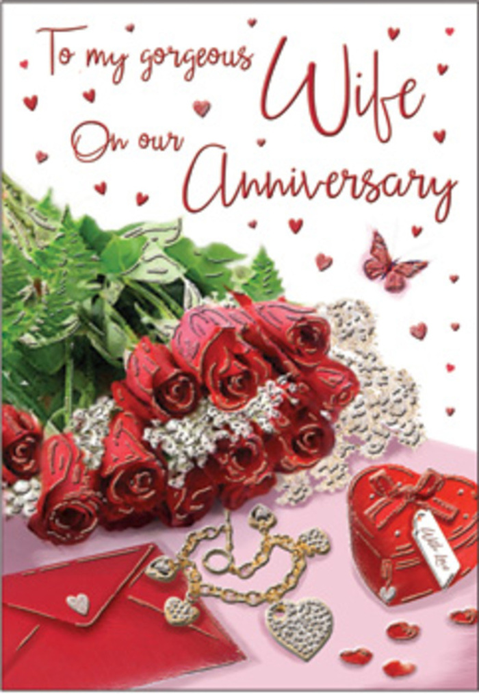 In this richly detailed anniversary card image, a classic bouquet of red roses takes centre stage, much like a statement arrangement on a polished Docklands dining table set for a special celebration. Each rose is luxuriously full, the petals layered in deep crimson tones that suggest passion and reassurance all at once. They are wrapped with understated elegance, surrounded by fresh green foliage that curves naturally around the blooms, echoing the soft lines of the river bends nearby. Around the bouquet, whisper-fine lace and delicate heart motifs draw the gaze, their light textures contrasting with the velvety roses. A jewellery set glints gently in the light, accompanied by a vivid red gift box whose surface seems to glow, hinting at a treasured surprise waiting inside. The scripted message on the card flows gracefully, suggestive of a carefully chosen sentiment for a partner who has shared many years and countless Docklands sunsets. Velvet, gold, and silk-like textures are suggested through the careful shading and details, evoking the feeling of cherished anniversary gifts unwrapped after a romantic meal in one of the local riverside restaurants. Scattered heart shapes and tiny decorative accents add a sense of playfulness, without disturbing the underlying calm and warmth of the composition. The overall atmosphere is undeniably romantic and intimate, as though the card were created specifically to honour a love story that has grown and deepened over time in the vibrant, ever-evolving Docklands community.