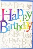 The image shows a joyful, contemporary birthday card whose front is as lively as a celebration on a bright afternoon by the Docklands marina. Dominating the design, the words "Happy Birthday" are printed in generous, friendly capitals that arch confidently across the card. Each letter wears its own colour, forming a seamless rainbow progression that shifts from rich crimson and punchy fuchsia through juicy orange, lemon yellow, spring green, turquoise, and deep ocean blue. The hues blend gently at their edges, creating a sense of flow and movement, almost like coloured lights reflecting on the Thames near Canary Wharf. Behind this bold statement, the entire background is overlaid with delicate gold script repeating the phrase "Happy Birthday to you." The cursive is fine and looping, almost calligraphic, giving the impression that someone has written the sentiment over and over with affectionate care. There is a soft metallic sheen to the lettering, so that, under light, it gives off a subtle sparkle reminiscent of fairy lights strung up for a birthday dinner in a Docklands apartment. Small, scattered specks and star-like dots of colour punctuate the design, echoing confetti or tiny bursts of fireworks, enhancing the sense of festivity without becoming overpowering. The cardstock appears smooth and of good weight, with a light satin finish that would feel sleek under the fingertips. Altogether, the card's interplay of bold rainbow typography, shimmering gold script, and delicate decorative details makes it ideal for sending a warm, exuberant birthday message to someone in or around Docklands, perhaps tucked alongside a colourful bouquet arriving by local delivery.